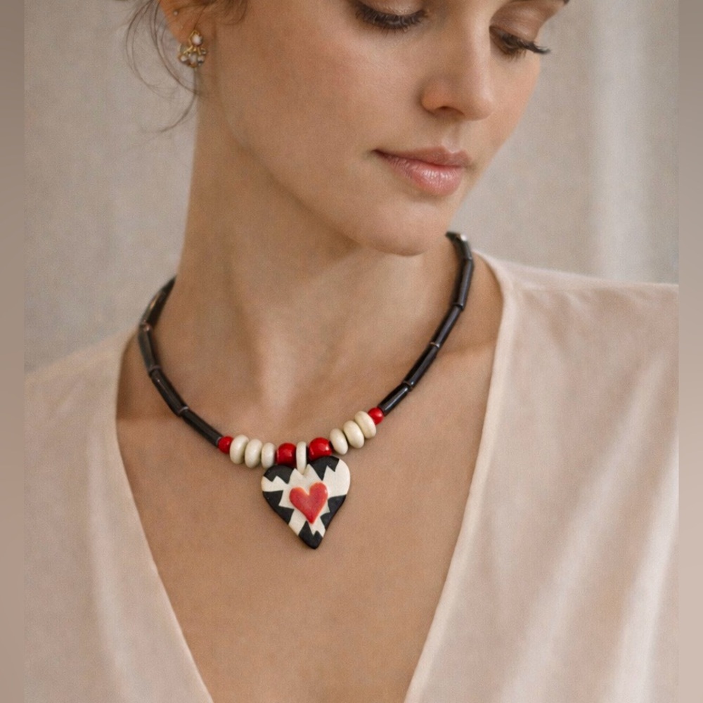 Ruby Z Candace Loheed Ceramic Heart Necklace Signed Beads Colorful Artsy Vintage